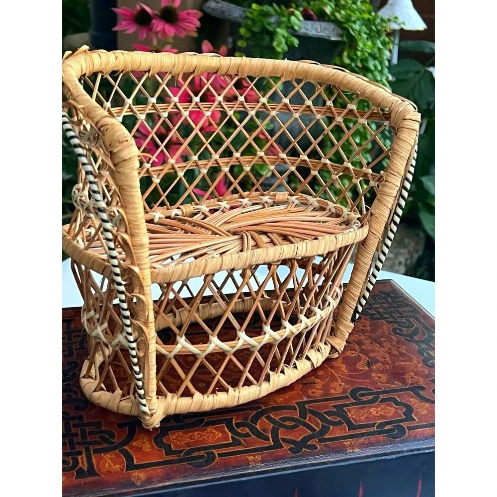 1970’s Vintage Mini Wicker Rattan Doll Chair + Bunny Cottagecore Boho Decor